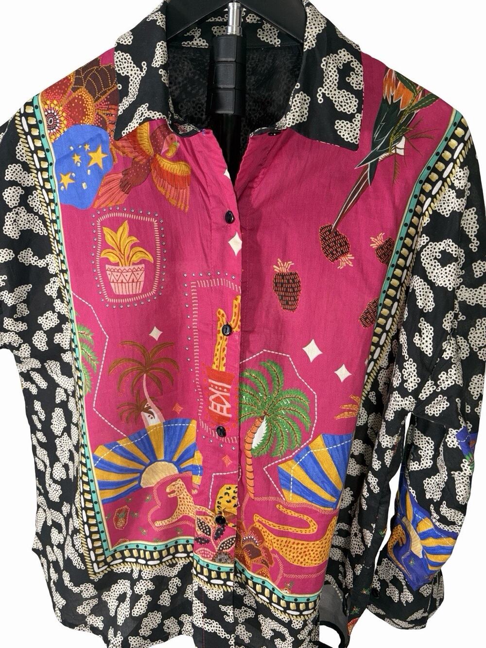 Ethnic Women’s Multicolor Animal Print Button-Up Collared Blouse XS